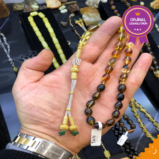 Şeffaf Renk Süzmeli Altın Püsküllü Baltık Naturel Amber Damla Kehribar Tesbih,Damla Kehribar Tesbih