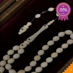 Safir, Yakut Ve Zümrüt İşlemeli, Oyma İmame 11X14Mm Ölçülerinde Özel Koleksiyonluk Fil Dişi Tesbih