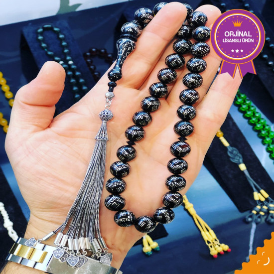 Abanoz Üzeri Gümüş Kakma Özel Püsküllü Usta İşçilikli Tesbih Ag81,Abanoz Tesbih