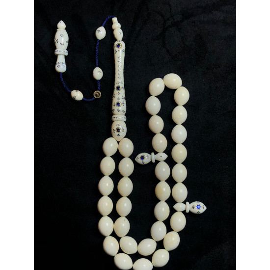 Fil Dişi Minare Oymalı 18 Adet Safir Ve Altın Kafes Oyma, İmame, Hitabe, Ara Taneler Ve Ayraçlar Komple Altın İşleme Tesbih,Hayvansal Tesbih Tesbih