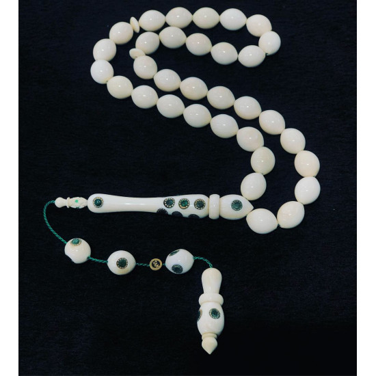 Fildişi İmame Aralıkları Ve Hitamesi Full Altın Ve Zümrüt Kakma 11X14Mm Koleksiyonluk Fildişi Tesbih,Hayvansal Tesbih Tesbih