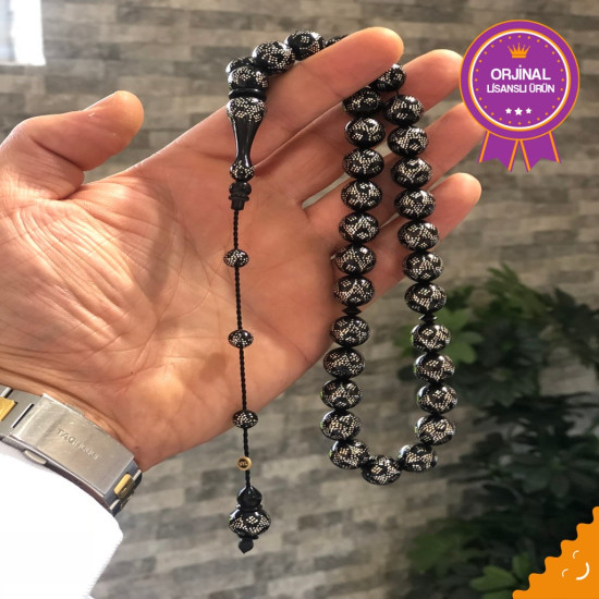 Abanoz Üzeri Gümüş Kakma Sistemli Usta İşçilikli Tesbih Ag879,Abanoz Tesbih