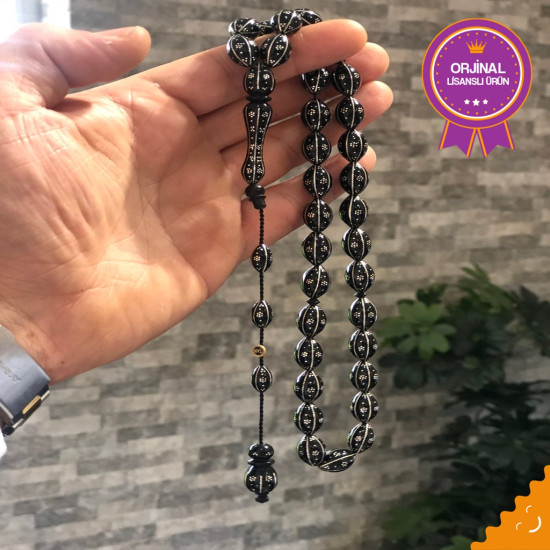 Abanoz Üzeri Gümüş Kakma Sistemli Usta İşçilikli Tesbih Ag877,Abanoz Tesbih