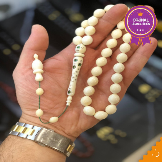 İmamesi Altın Ve Zümrüt Kakma 11X14Mm Ölçülerinde Özel Koleksiyonluk Fil Dişi Tesbih,Hayvansal Tesbih Tesbih